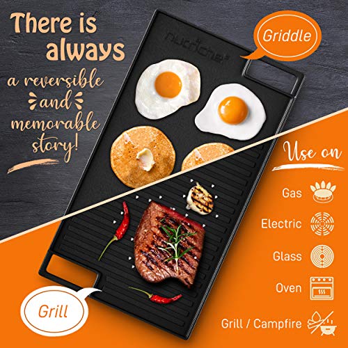 NutriChef Cast Iron Reversible Grill Plate – 18 Inch Flat Cast Iron Skillet Griddle Pan For Stove Top, Gas Range Grilling Pan w/ Silicone Oven Mitt For Electric Stovetop, Ceramic, Induction. | The Storepaperoomates Retail Market - Fast Affordable Shopping