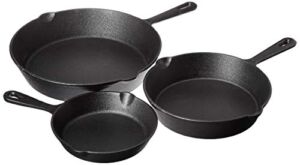 Jim Beam HEA Set of 3 Pre Seasoned Cast Iron Skillets with Even Distribution and Heat Retention-6″ 8″ 10″, 10”, Black