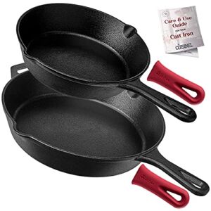 Cast Iron Skillet Set – 8″ + 12″-Inch Frying Pan – Pre-Seasoned Oven Safe Cookware + 2 Heat-Resistant Handle Holder Grips – Indoor/Outdoor Use – Grill, Stovetop, BBQ, Camping Fire Pit, Induction Safe