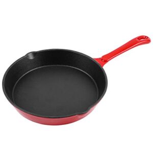 Meigui Enameled Cast Iron Skillet Chef’s Classic 10 Inch Round Fry Pan for Kitchen, Camping Indoor and Outdoor Cooking, Frying, Searing and Baking (Cherry Red)