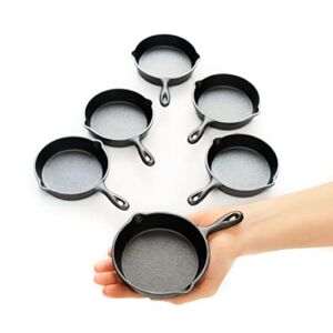 Mini Cast Iron Skillets 4” – 6-Pack of Pre-Seasoned Miniature Skillets – with 6 Small Silicone Trivets and Cast Iron Scraper – by KUHA