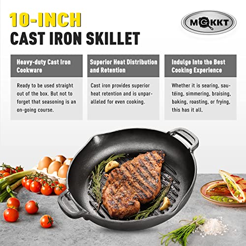 MGKKT Cast Iron Grill Pan, Pre-Seasoned Cast Iron Griddle Pan, Dual Handles Round Cast Iron Skillet Deep Pan for BBQ, Oven or Stove, 10 Inch | The Storepaperoomates Retail Market - Fast Affordable Shopping