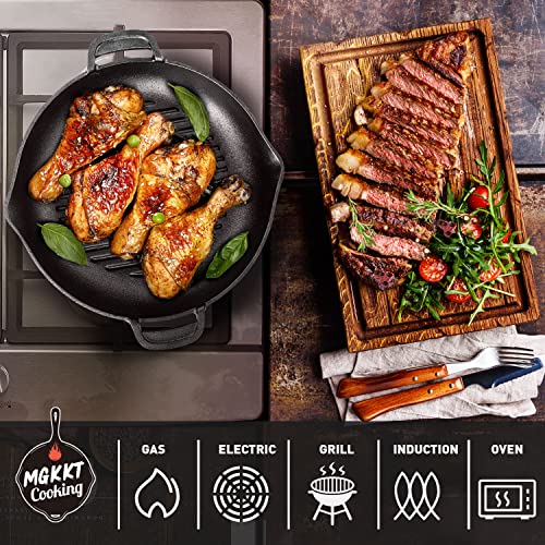 MGKKT Cast Iron Grill Pan, Pre-Seasoned Cast Iron Griddle Pan, Dual Handles Round Cast Iron Skillet Deep Pan for BBQ, Oven or Stove, 10 Inch | The Storepaperoomates Retail Market - Fast Affordable Shopping