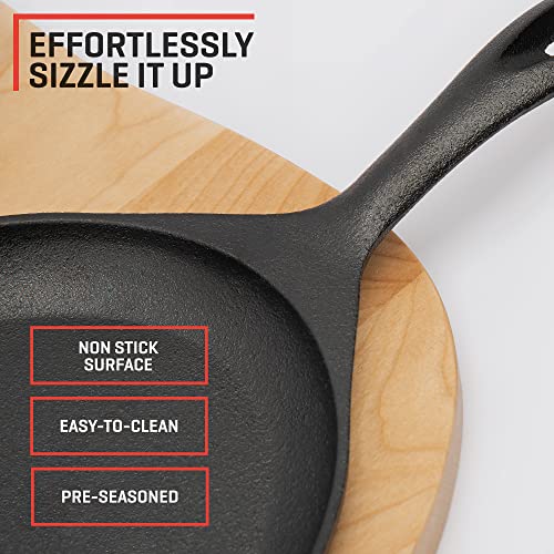 Uno Casa Cast Iron Fajita Skillet Set – 9.8×7.3 Inch Pre-Seasoned Sizzling Plate with Wooden Base, Heavy Duty, Induction Fajita Steak Plate, Cast Iron Plate – 4 Stainless Steel Sauce Dips Included | The Storepaperoomates Retail Market - Fast Affordable Shopping