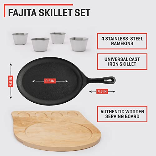 Uno Casa Cast Iron Fajita Skillet Set – 9.8×7.3 Inch Pre-Seasoned Sizzling Plate with Wooden Base, Heavy Duty, Induction Fajita Steak Plate, Cast Iron Plate – 4 Stainless Steel Sauce Dips Included | The Storepaperoomates Retail Market - Fast Affordable Shopping
