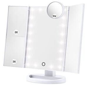 Makeup Mirror Vanity Mirror with Lights, Lighted Makeup Mirror with 1X 2X 3X 10X Magnifying, Touch Control Design, Dual Power Supply, Portable LED Makeup Mirror, Women Gift (White+10X)