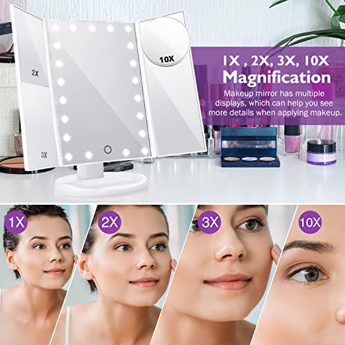 Makeup Mirror Vanity Mirror with Lights, Lighted Makeup Mirror with 1X 2X 3X 10X Magnifying, Touch Control Design, Dual Power Supply, Portable LED Makeup Mirror, Women Gift (White+10X) | The Storepaperoomates Retail Market - Fast Affordable Shopping