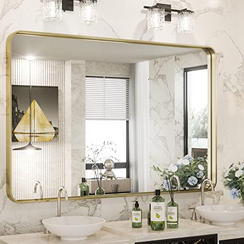 TokeShimi Gold Bathroom Mirror for Wall 40 x 30 Inch Brushed Brass Metal Rounded Corner Rectangle Wall Mirror in Aluminum Alloy Metal Frame Deep Set Design Hangs Horizontal Or Vertical Farmhouse | The Storepaperoomates Retail Market - Fast Affordable Shopping