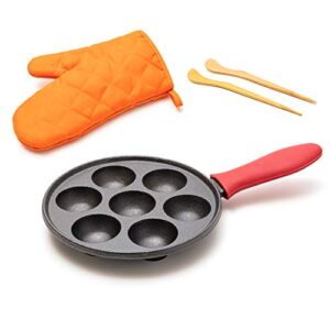 Cast Iron Aebleskiver Pan for Authentic Danish Stuffed Pancakes – Complete with Bamboo Skewers, Silicone Handle and Oven Mitt – by KUHA