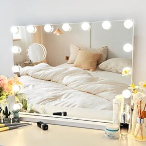 Nusvan Vanity Mirror with Lights Lighted Makeup Mirror with 15 Dimmable LED Bulbs,3 Color Lighting Modes,USB Charging Port Touch Control,Sturdy Metal Frame Design 24×18 Inch,White