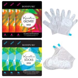 BODIPURE Premium Keratin Gloves and Socks for Hydrating Dull Dry Hands and Cracked Heels – Callus Softening – Nail Strengthening – Skin Brightening and Nourishing – 3 Pairs ea. (3+3 Pack)