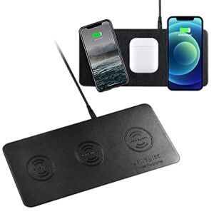 Wireless Charging Pad, Qi Certified Wireless Charger Station, Ultra-Slim Leather Mat for 3 Devices, Compatible with iPhone 14 13 12 Pro Max Mini/Se /11/Xs for All Qi Enabled Phones, W/AC Adapter