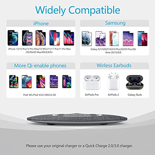 Flat Fabric Wireless Charger, 15W Super Slim Universal Wireless Charging Pad for iPhone 14/13/12/11/XR/X/8, Android Wireless Charger for Galaxy S21/S20 Ultra/S10/Note 10, Pixel 5/4 XL (No AC Adapter) | The Storepaperoomates Retail Market - Fast Affordable Shopping