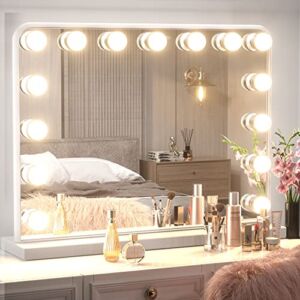 Keonjinn Vanity Mirror with Lights, Lighted Makeup Mirror White Hollywood Mirror with 15 Replaceable LED Bulbs 3 Color Lighting Modes, LED Vanity Mirror with USB Charging Port, Metal Frame 23×18 Inch