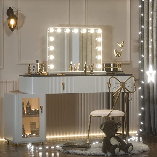 Keonjinn Vanity Mirror with Lights, Lighted Makeup Mirror White Hollywood Mirror with 15 Replaceable LED Bulbs 3 Color Lighting Modes, LED Vanity Mirror with USB Charging Port, Metal Frame 23×18 Inch | The Storepaperoomates Retail Market - Fast Affordable Shopping