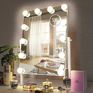 HIEEY Hollywood Vanity Mirror with Lights, Makeup Mirror with 12 Dimmable Bulbs Lights, Three Color Lighting Modes, and 5X Magnification Mirror, Smart Touch Control, 360°Rotation (White,Gift Box)