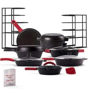 Cast Iron 23-Pc Cookware Set – 8″ Skillets with Cast Iron Lid + 12″ with Lid + 10″ Braiser with Lid + Grill Pan with Lid + Griddle + 5-Qt Dutch Oven + Multi-Cooker + 12″+15″ Pan Rack +Scraper +Handles