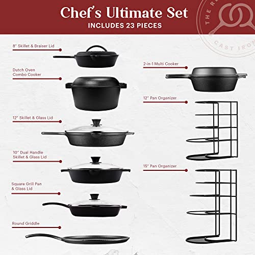 Cast Iron 23-Pc Cookware Set – 8″ Skillets with Cast Iron Lid + 12″ with Lid + 10″ Braiser with Lid + Grill Pan with Lid + Griddle + 5-Qt Dutch Oven + Multi-Cooker + 12″+15″ Pan Rack +Scraper +Handles | The Storepaperoomates Retail Market - Fast Affordable Shopping