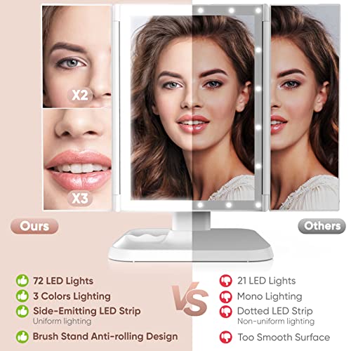 Makeup Mirror Vanity Mirror with Lights – 3 Color Lighting Modes 72 LED Trifold Mirror, 1x/2x/3x Magnification, Touch Control Design, Portable High Definition Cosmetic Lighted Up Mirror | The Storepaperoomates Retail Market - Fast Affordable Shopping