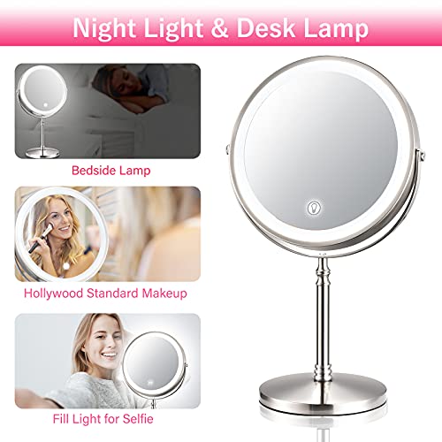 AMZNEVO Rechargeable 8” Lighted Makeup Mirror, 1X 10X Magnifying Vanity Mirror with 3 Color LED Lights, Touch Sensor Adjust Brightness Double-Sided Cosmetic Mirror, Brushed Nickel | The Storepaperoomates Retail Market - Fast Affordable Shopping