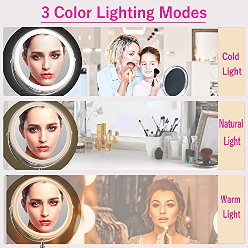AMZNEVO Rechargeable 8” Lighted Makeup Mirror, 1X 10X Magnifying Vanity Mirror with 3 Color LED Lights, Touch Sensor Adjust Brightness Double-Sided Cosmetic Mirror, Brushed Nickel | The Storepaperoomates Retail Market - Fast Affordable Shopping