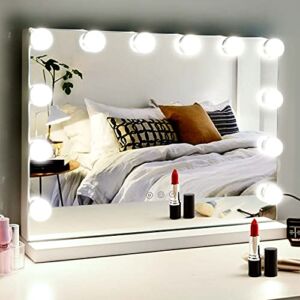 M MIVONDA Lighted Makeup Vanity Hollywood Mirror with 3 Color Lights Dimmable LED Bulbs with 10X Magnification, 2in1 Tabletop and Wall-Mounted Mirror with Plug-in and USB Charger Port