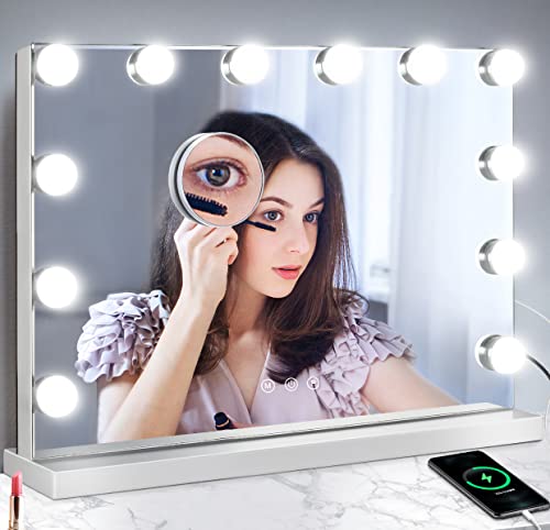 M MIVONDA Lighted Makeup Vanity Hollywood Mirror with 3 Color Lights Dimmable LED Bulbs with 10X Magnification, 2in1 Tabletop and Wall-Mounted Mirror with Plug-in and USB Charger Port | The Storepaperoomates Retail Market - Fast Affordable Shopping