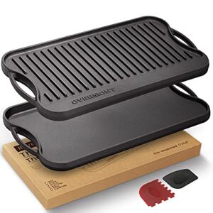 Overmont Pre-seasoned 17×9.8″ Cast Iron Reversible Griddle Grill Pan with handles for Gas Stovetop Open Fire Oven, One tray, Scrapers Included