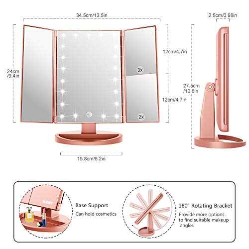 WEILY Lighted Makeup Mirror, Tri-fold Vanity Mirror with 1X/2X/3X Magnification Mirrors, 21 Natural LED Nights and Touch Screen, Chargeable Travel Cosmetic Mirror for Desktop (Rose Gold) | The Storepaperoomates Retail Market - Fast Affordable Shopping