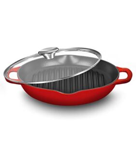 Enameled Deep Round Grill Cast Iron Griddle Pan with Glass Lid 10 Inch Non-Stick Round Frying Pan Cast Iron Skillet with Double Loop Handles + Lid Safe for Oven, Induction, and all Cooking tops, Red