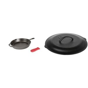 Lodge Cast Iron Skillet with Red Silicone Hot Handle Holder, 12-inch & L10SC3 Cast Iron Lid, 12-inch