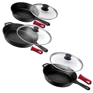 Cast Iron Skillet Set – 8″ + 10″ + 12″-Inch + Glass Lids + 3 Heat-Resistant Handle Holders – Preseasoned Oven Safe Cookware – Indoor and Outdoor Use – Grill, Stovetop, Induction Safe Frying Pan