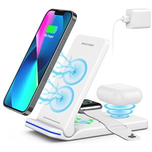 Wireless Charger, 3 in 1 Fast Charging Station, Folding Wireless Charger Stand for iPhone 14,13,12,11/Pro/Max/Mini/Plus, X,XR, XS/Max,SE, 8/Plus,Apple Watch 1-8,Airpods 3/2/Pro with 18W Adapter(White)