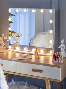 LUXFURNI Vanity Mirror with Makeup Lights, Large Hollywood Light up Mirrors w/ 18 LED Bulbs for Bedroom Tabletop & Wall Mounted (26Wx21L, White)