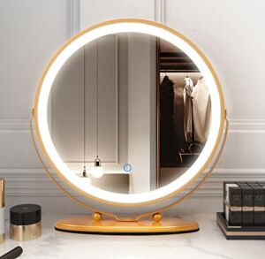 LVSOMT 20″ Large Makeup Vanity Mirror with Lights, Led Lighted Dressing Circle Mirror, High Definition Round Tabletop / Desk Mirror with 3 Color Dimmable Lighting Modes & Touch Screen (Yellow)