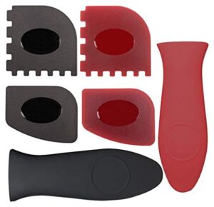 WeTest 2 Silicone Hot Handle Cover, 2 Plastic Grill Pan Scrapers, 2 Plastic Pan Scrapers for Cast Iron Skillets, Frying Pans and Griddles, Black+Red