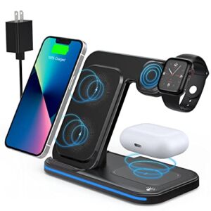 Charger Station for Apple Multiple Devices, 3 in 1 Fast Wireless Charger Stand Dock Foldable for iPhone 14 13 12 11 Pro X XS 8 Plus Apple Watch Series 8 7 6 SE 5 4 3 2 & AirPods 3/2/Pro with Adapter