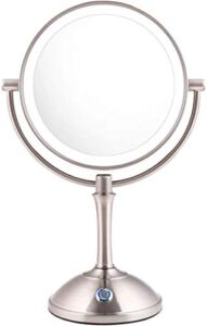 AmnoAmno LED Makeup Mirror-10x Magnifying,7.8″ Double Sided Lighted Vanity Makeup Mirror with Stand, Touch Button Adjustable Light-Cord or Cordless (Sliver)