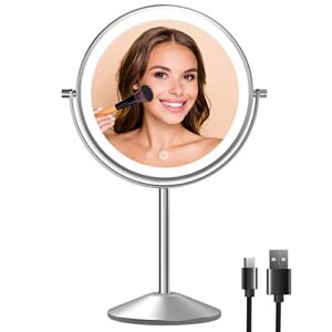 Lighted Makeup Mirror with Magnification, Rechargeable Double Sided 10X Magnifying Mirror with Light, 8 Inch Makeup Vanity Mirror with 3 Light Setting, Touch Control, Desktop Cosmetic Light Up Mirror