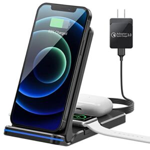 Wireless Charger 3 in 1 Wireless Charging Station Qi Fast Charger Stand for iPhone 13/12/11/Pro/Max/XR/XS/XS Max/X /8/8 Plus, Apple Watch, Airpods 2/Pro, Samsung Galaxy Phone with 18W Adapter, Black