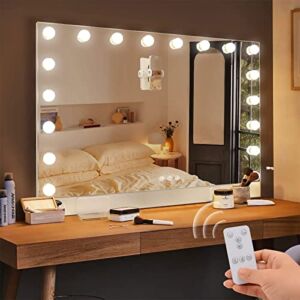 COOLJEEN Hollywood Makeup Mirror with Lights, Remote Control Selfie Large Lighted Vanity Mirror 18 LED Bulbs Ultra-Thin Light Up Mirror Magnet Phone Holder Tabletop Wall Mount for Bedroom