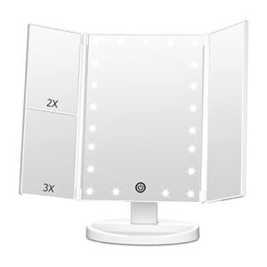 FASCINATE Trifold Vanity Mirror with Lights, Lighted Makeup Mirror 2X/3X Magnification, 21 LED Touch Dimming, Dual Power 90° Rotation Lit Beauty Table Mirror, Make up Mirror with Lighting (White)