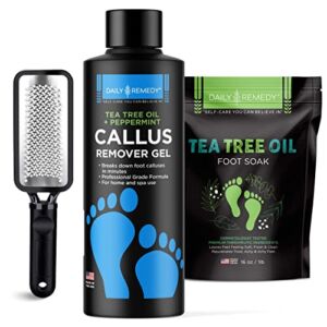 Daily Remedy Tea Tree Oil Foot Soak, Callus Remover Gel & Foot File- Complete 3-In-1 Foot Care Set For Calluses, Cracked Heels, Dry Skin, Foot Odor, Athlete’s Foot- Soothes & Repairs Feet- Made In USA