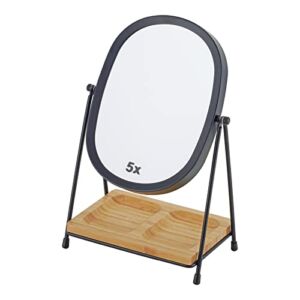 JOYOEIKON Classic Dual Sided 5X and 1X Magnifying Makeup Mirror and Tabletop Standing 360° Rotation Vanity Mirror,Desktop Cosmetic Mirror (Matt Black with Bamboo Tray)