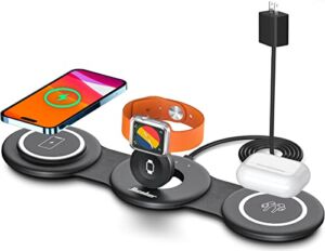 3 in 1 Wireless Charging Station,Hicober Charger Station [Compatible with MagSafe],Foldable Charging Pad for Multiple Devices for iPhone 14 13 12 Pro Max Apple Watch/Airpods (QC3.0 Adapter Included)