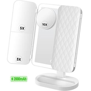 Gospire Trifold 3 Color Lighted Makeup Mirror with 74 LED Lights, 1X/3X/5X/10X Magnification Vanity Mirror, Rechargeable HD Mirror, Touch Screen Dimming, 90°& 180° Free Rotation, Women Gift (White)