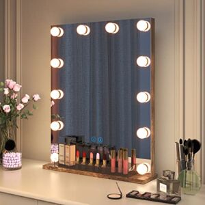 Ylued Vanity Mirror Makeup Mirror with Lights, Hollywood Lighted Mirror with 12 Dimmable LED Bulbs, 3 Color Lighting Modes, Large Desk Mirror with Smart Touch Control 18″ W x 23″ H, Wood
