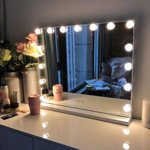 FENCHILIN Vanity Mirror with Lights, Hollywood Lighted Makeup Mirror with 15 Dimmable LED Bulbs for Dressing Room & Bedroom, Tabletop or Wall-Mounted, Slim Metal Frame Design, White