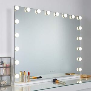 WAYKING Vanity Mirror with Lights Large Hollywood Makeup Mirror with 18 LED Bulbs, Tabletop or Wall Mounted Comestic Mirror with Touch Sensor and USB Charging Port, White(L31.4 X H23.6)