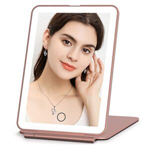 Rechargeable Makeup Vanity Mirror with 72 Led Lights, Lighted Travel Portable Light up Beauty Mirror, 3 Color Lighting, Dimmable Touch Screen, Tabletop Desk LED Foldable Cosmetic Mirror with Lights